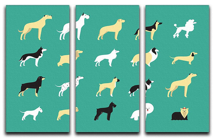 A modern illustration of various dog breeds displayed on a 3-panel canvas print, showcasing vibrant colors and artistic design.