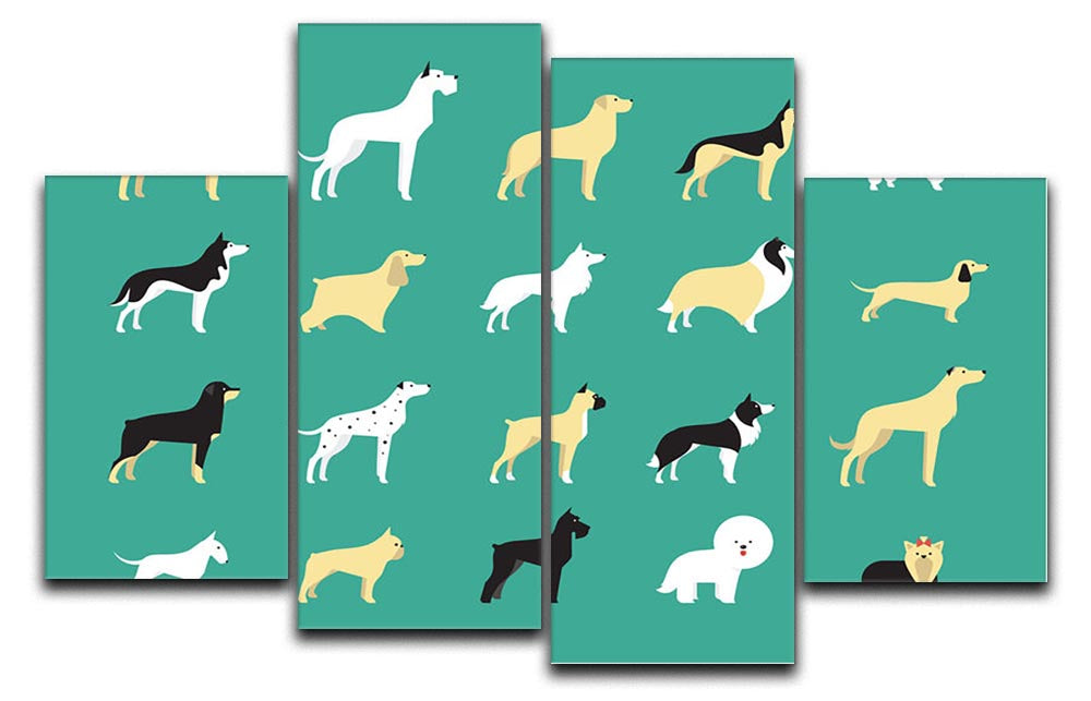 A modern illustration of various dog breeds displayed on a 4-split canvas, showcasing different breeds in vibrant colors.
