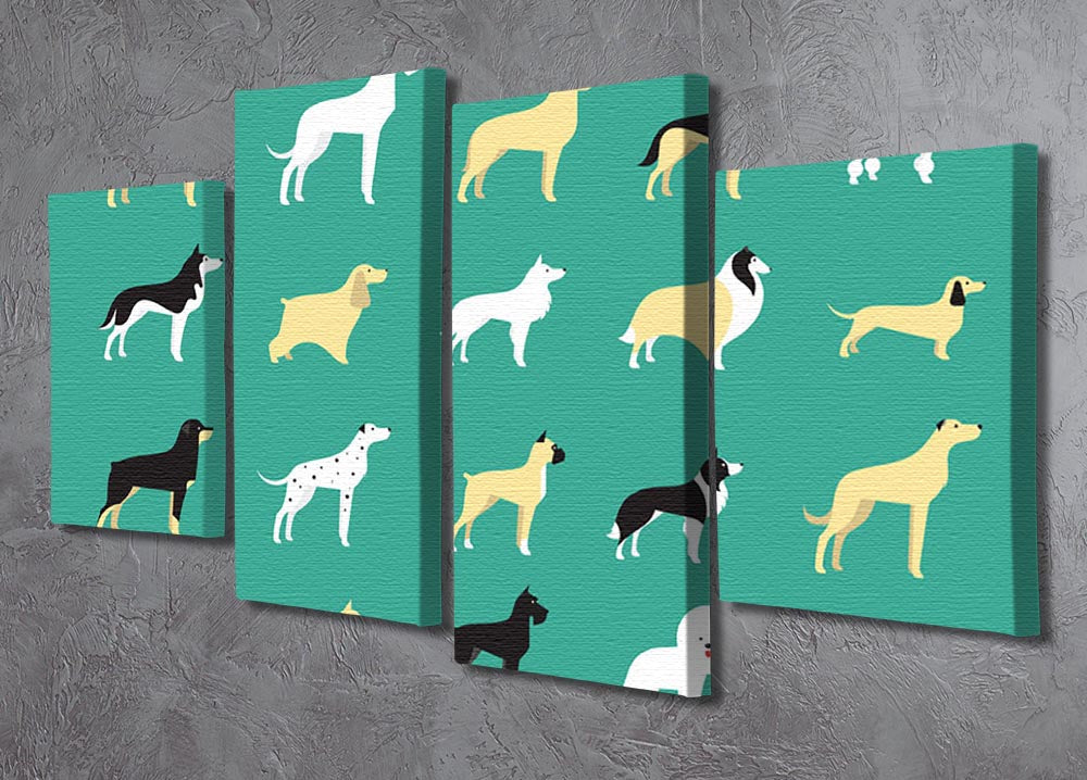 A modern illustration of various dog breeds displayed on a 4-split canvas, showcasing different breeds in vibrant colors.