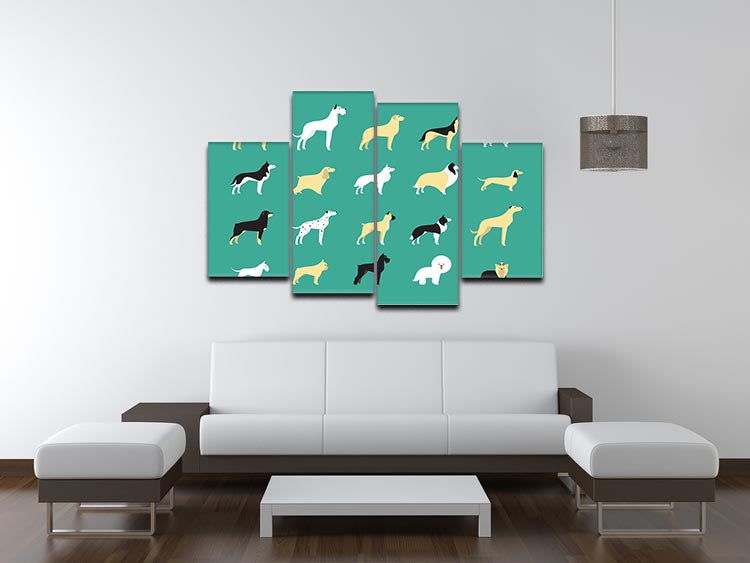 A modern illustration of various dog breeds displayed on a 4-split canvas, showcasing different breeds in vibrant colors.