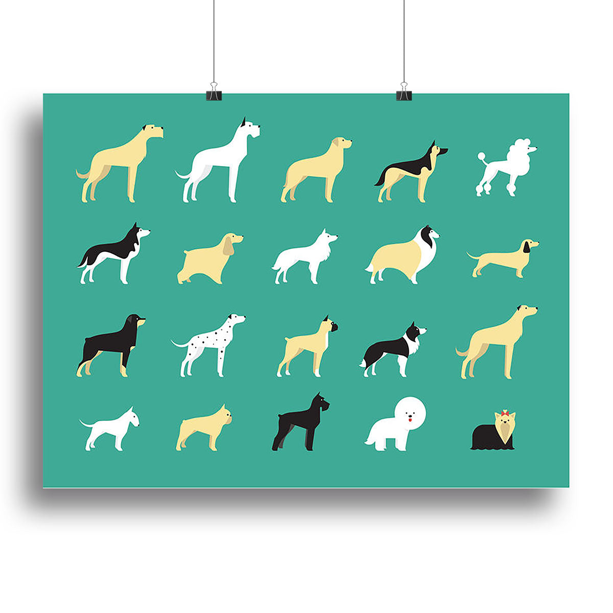 A vibrant canvas print featuring various dog breeds illustrated in a modern style, perfect for home decor.