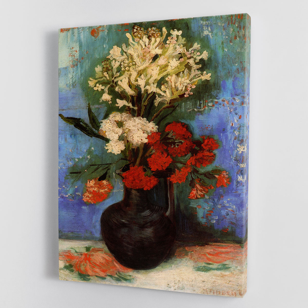 Canvas print of Van Gogh's Vase with Carnations featuring vibrant flowers in a decorative vase.