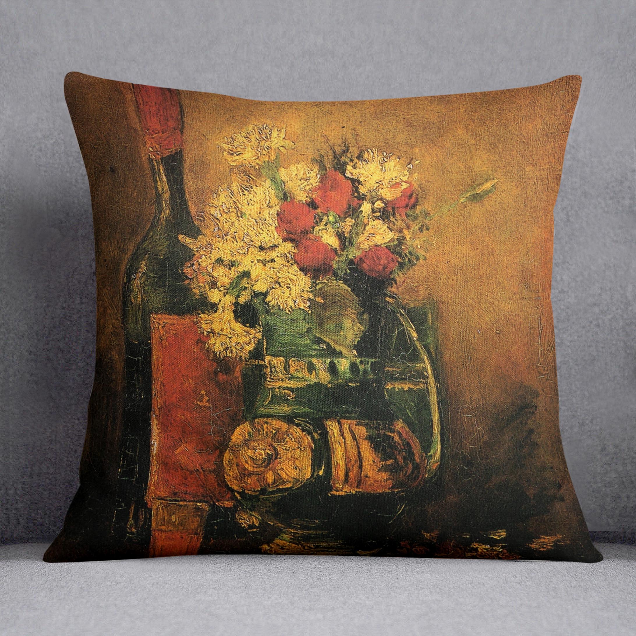 A vibrant cushion featuring Van Gogh's vase with carnations and roses, made from luxurious vegan faux suede.