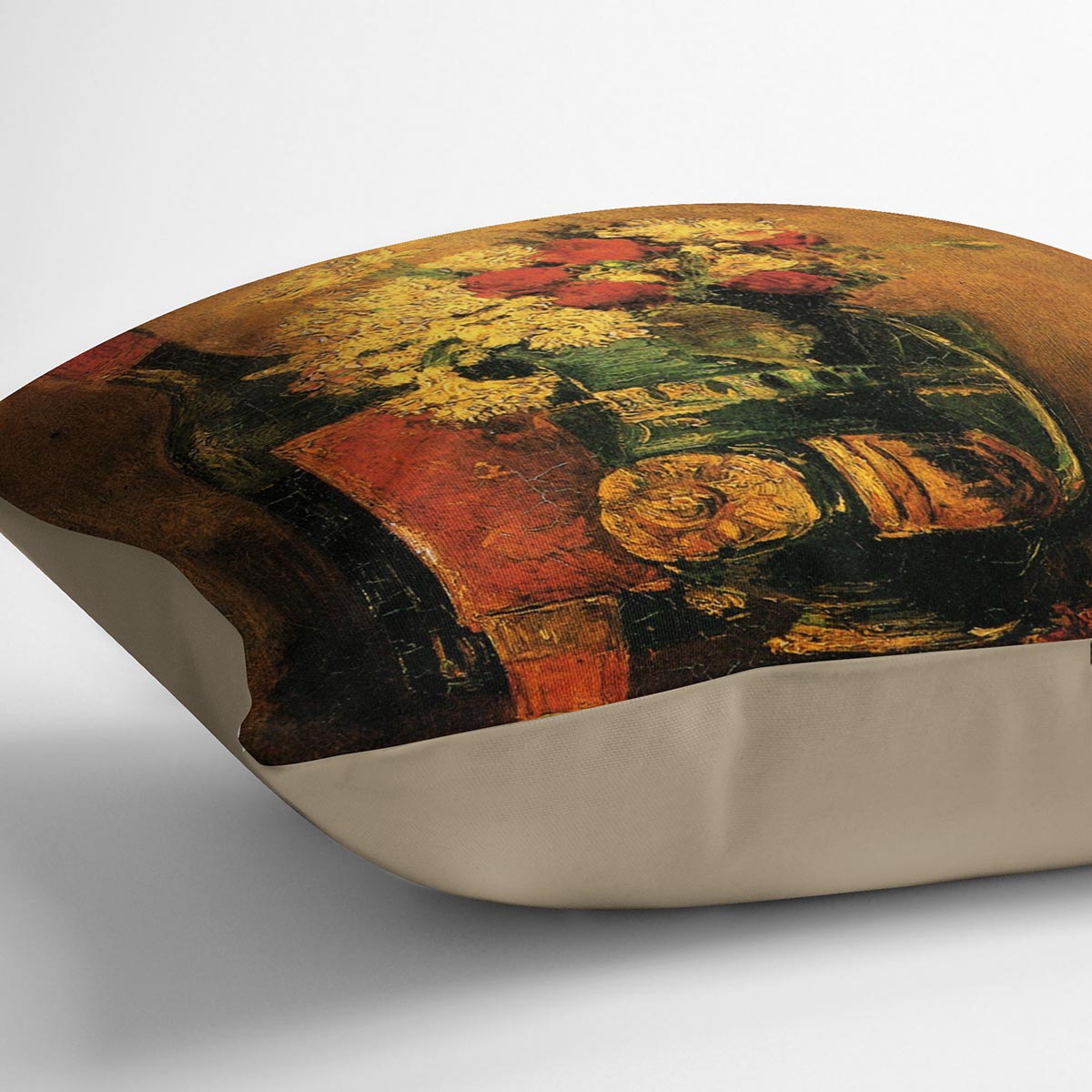 A vibrant cushion featuring Van Gogh's vase with carnations and roses, made from luxurious vegan faux suede.