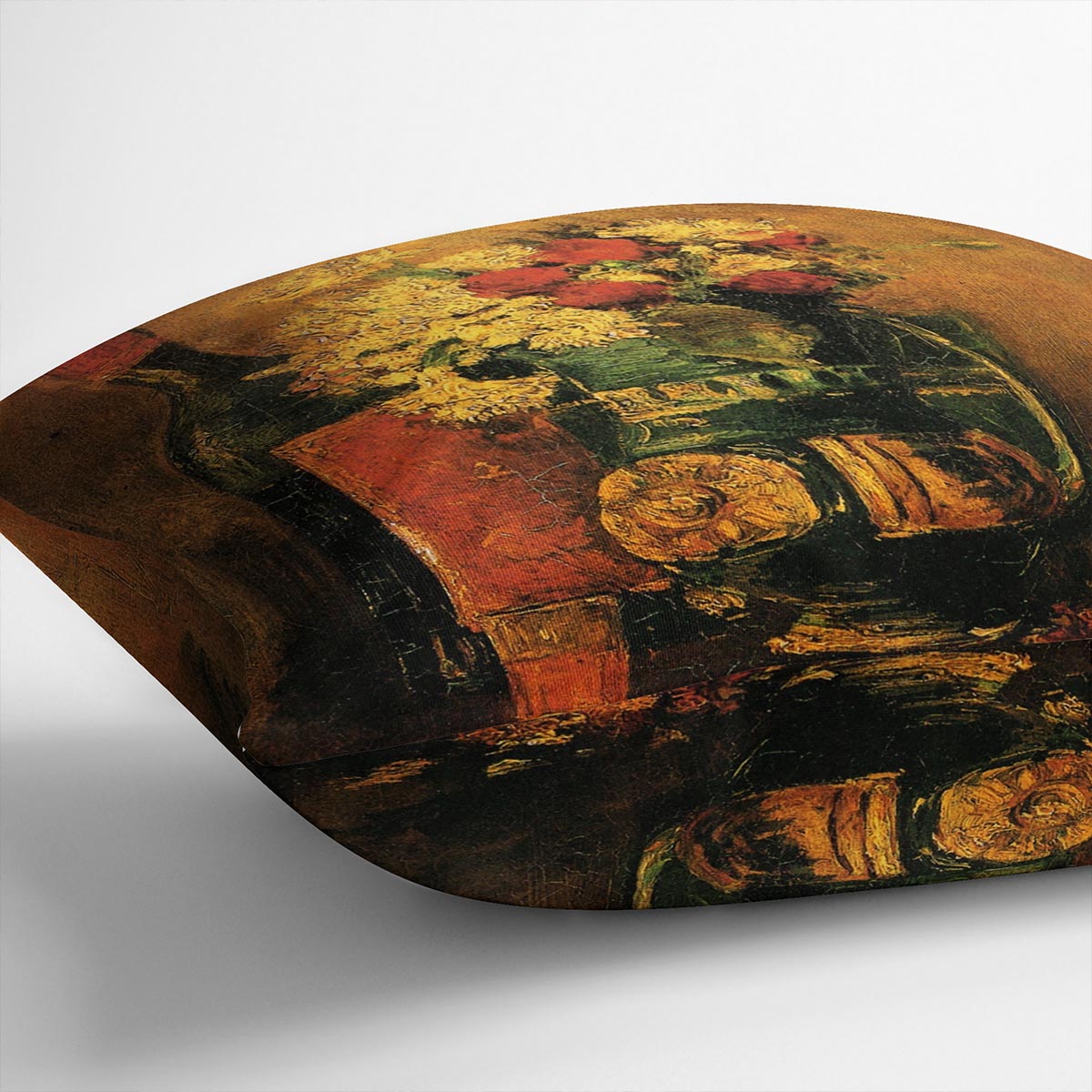 A vibrant cushion featuring Van Gogh's vase with carnations and roses, made from luxurious vegan faux suede.