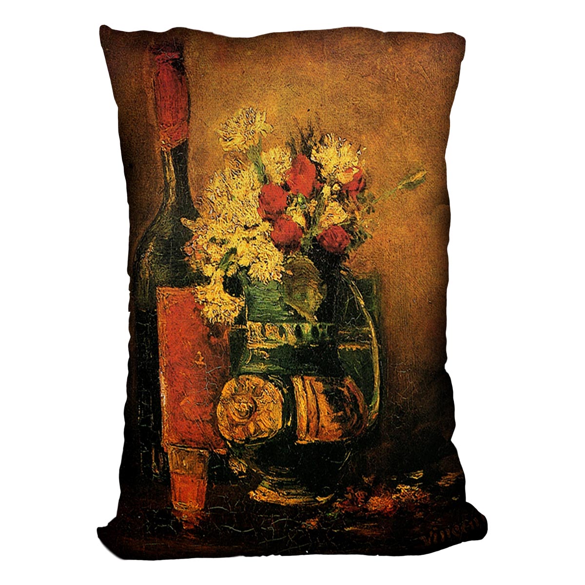 A vibrant cushion featuring Van Gogh's vase with carnations and roses, made from luxurious vegan faux suede.