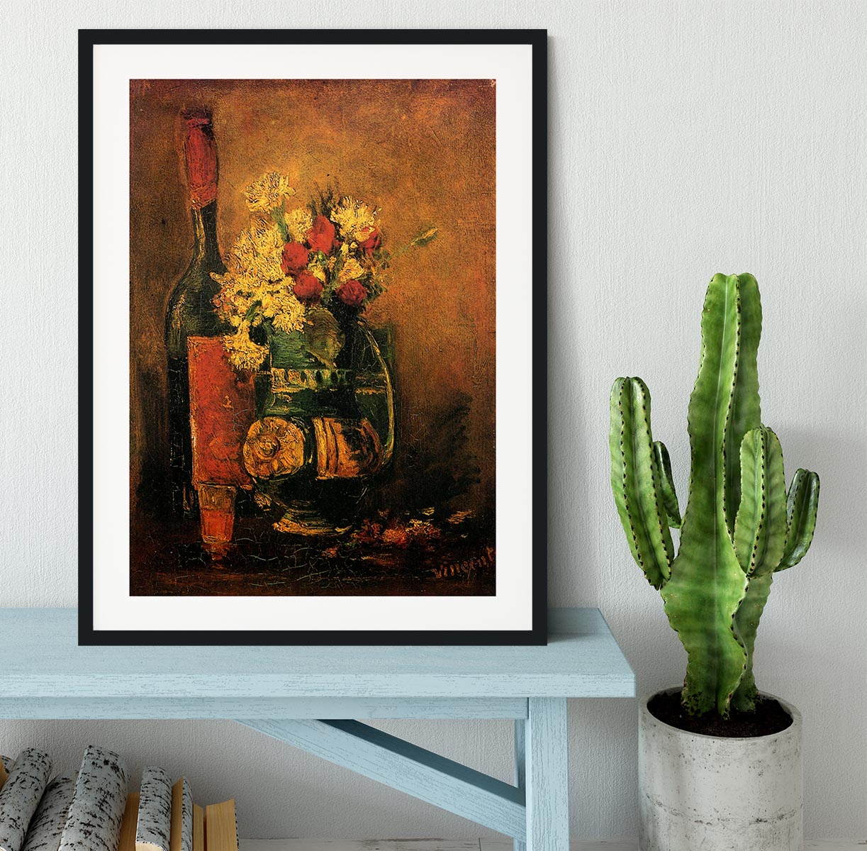 Framed print of Van Gogh's Vase with Carnations and Roses, showcasing vibrant colors and intricate details.