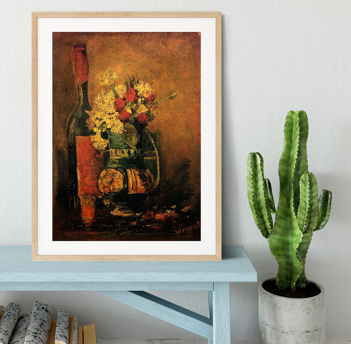 Framed print of Van Gogh's Vase with Carnations and Roses, showcasing vibrant colors and intricate details.