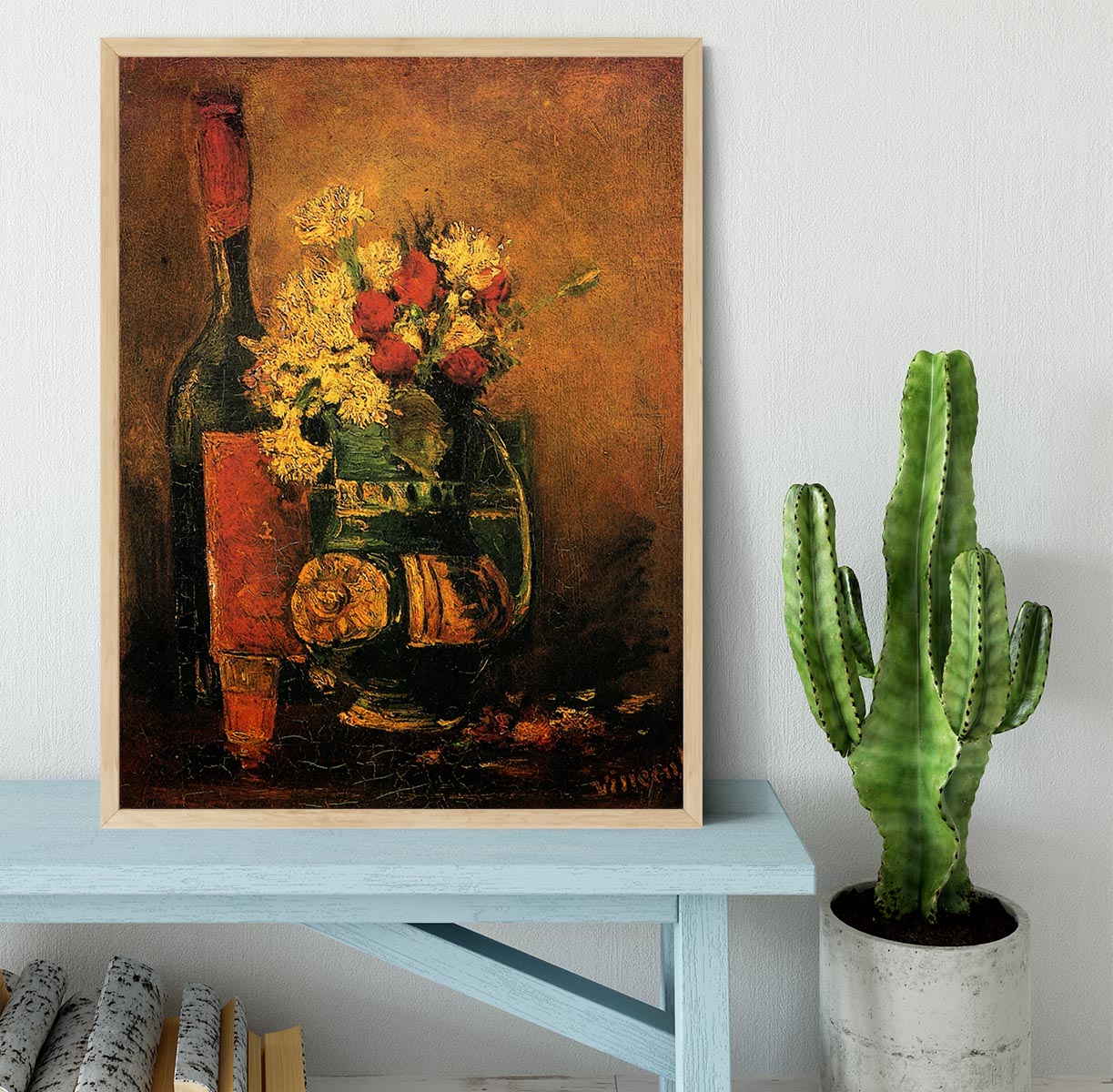Framed print of Van Gogh's Vase with Carnations and Roses, showcasing vibrant colors and intricate details.