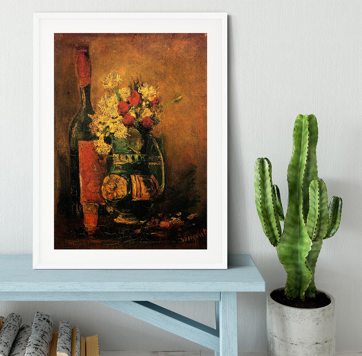 Framed print of Van Gogh's Vase with Carnations and Roses, showcasing vibrant colors and intricate details.