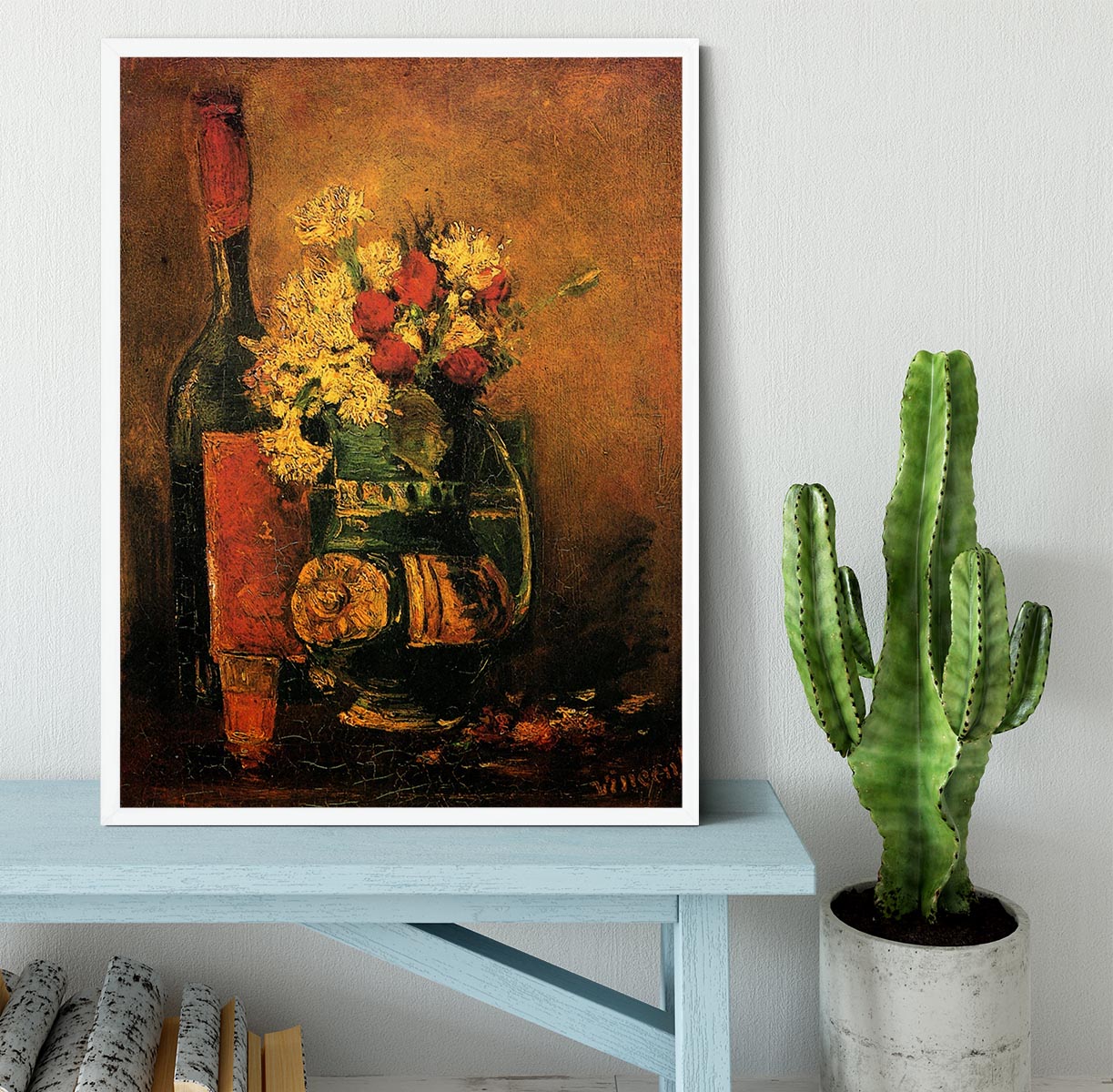 Framed print of Van Gogh's Vase with Carnations and Roses, showcasing vibrant colors and intricate details.