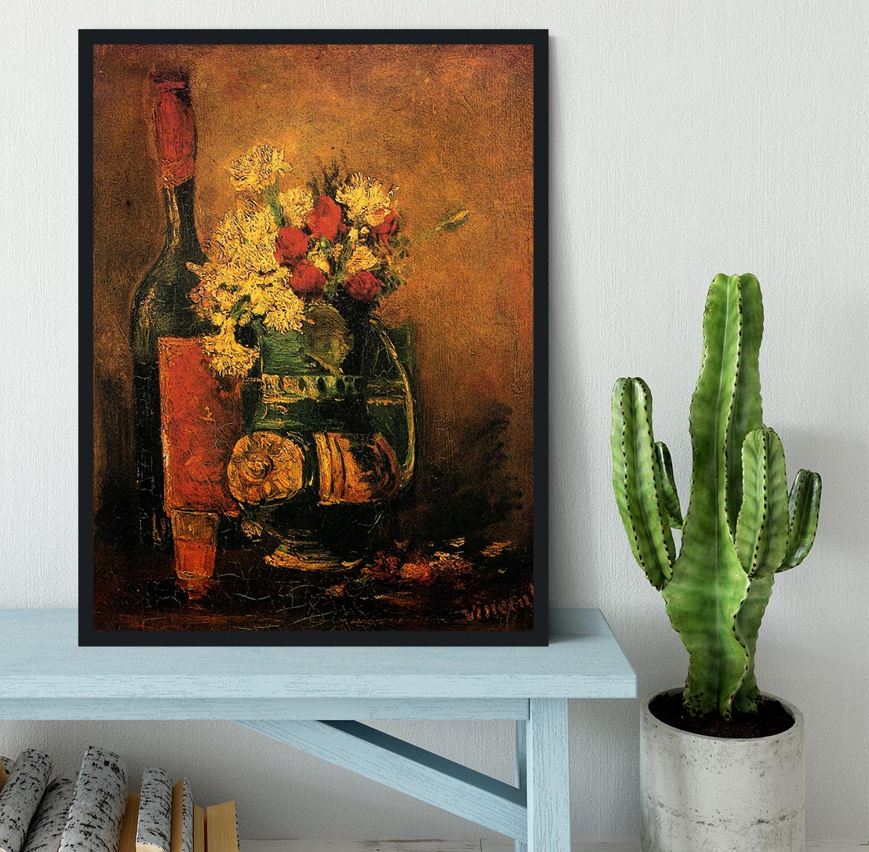 Framed print of Van Gogh's Vase with Carnations and Roses, showcasing vibrant colors and intricate details.