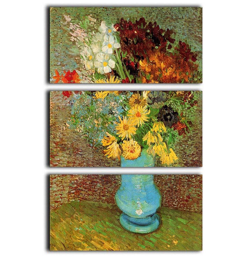 Three-panel canvas print featuring Van Gogh's Vase with Daisies and Anemones, showcasing vibrant colors and intricate details.