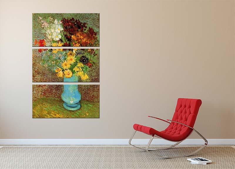 Three-panel canvas print featuring Van Gogh's Vase with Daisies and Anemones, showcasing vibrant colors and intricate details.