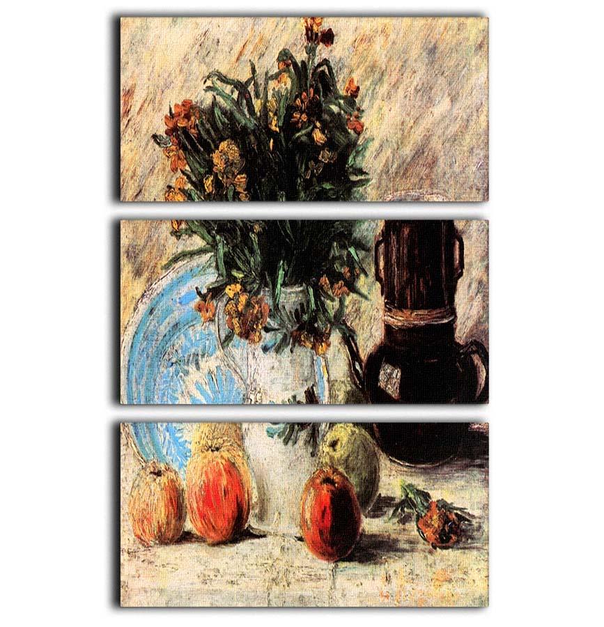Three-panel canvas art featuring Van Gogh's Vase with Flowers, Coffeepot, and Fruit, showcasing vibrant colors and intricate details.