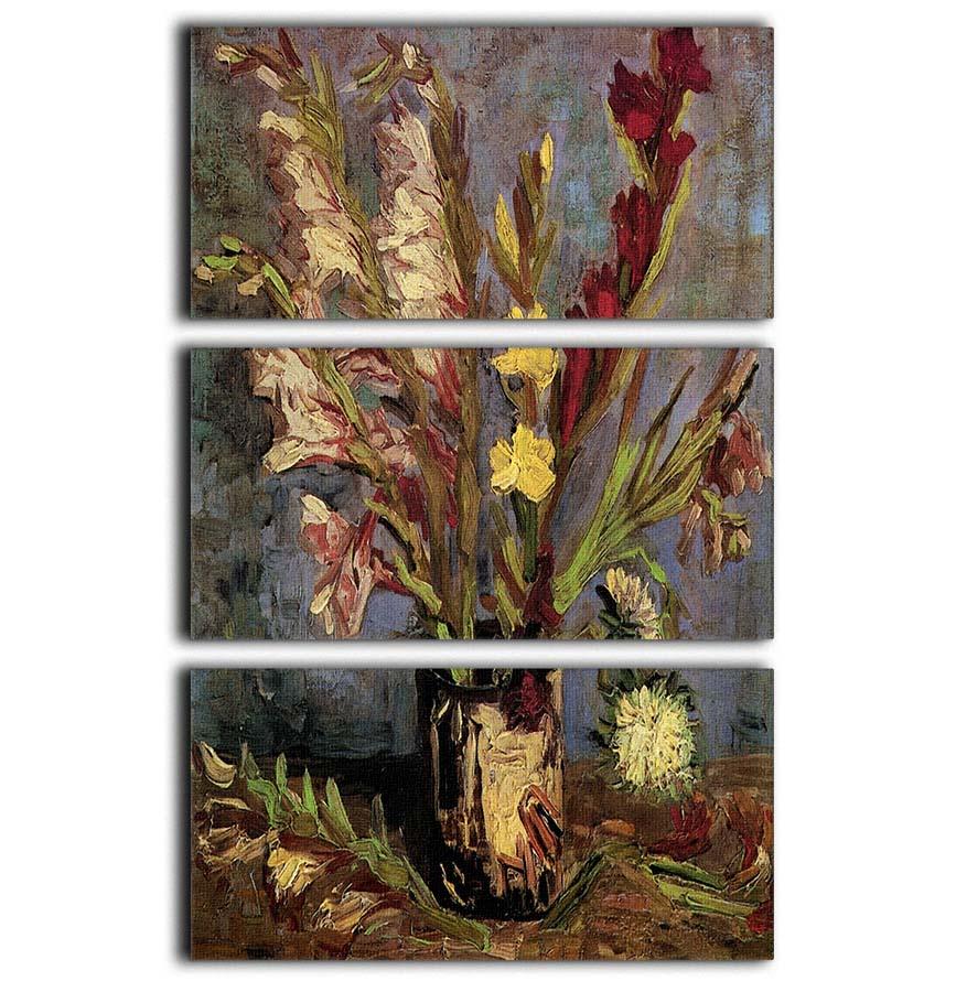Three-panel canvas print featuring Van Gogh's Vase with Gladioli, showcasing vibrant colors and intricate details.