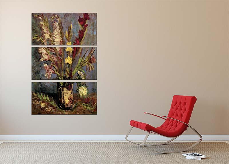 Three-panel canvas print featuring Van Gogh's Vase with Gladioli, showcasing vibrant colors and intricate details.