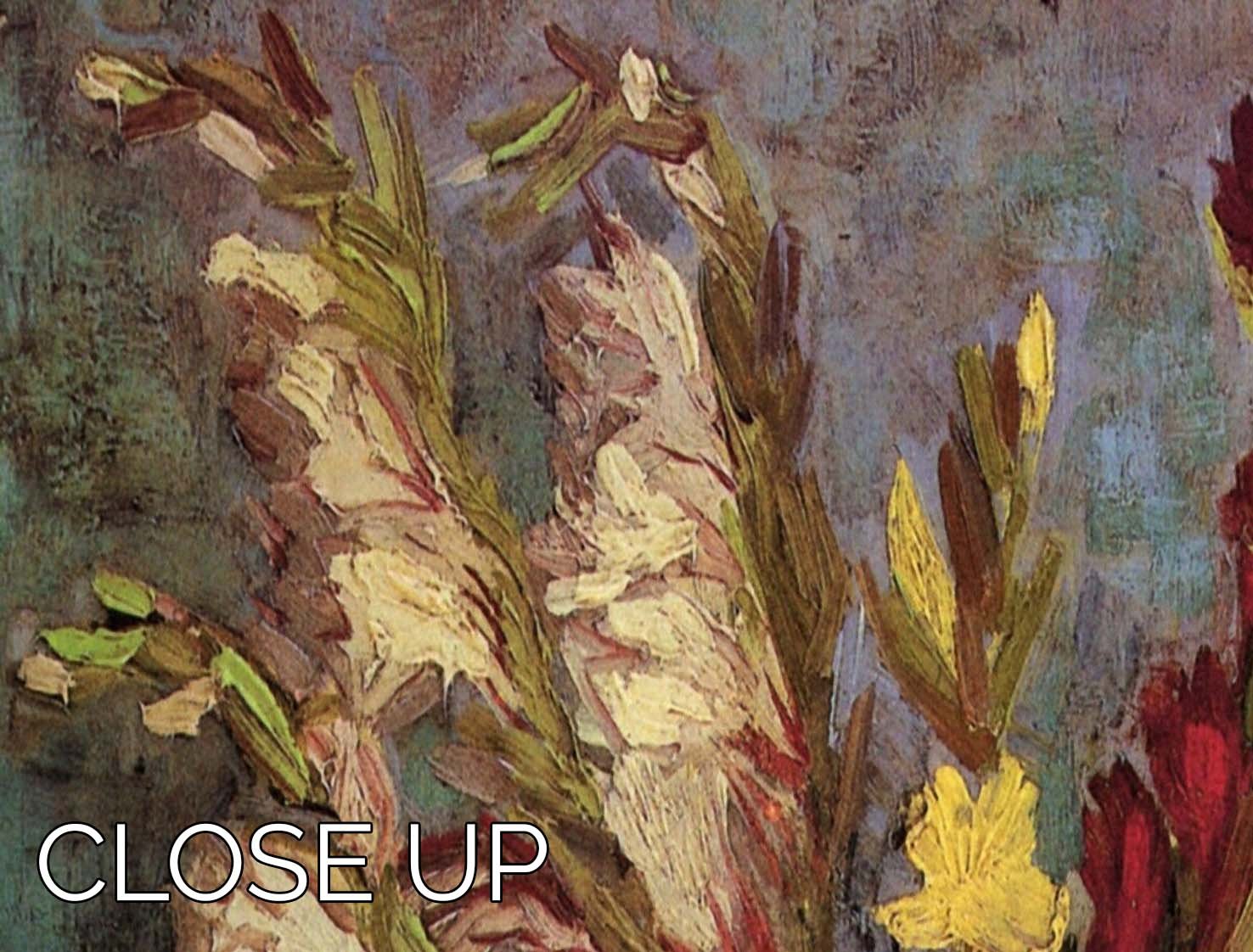 Three-panel canvas print featuring Van Gogh's Vase with Gladioli, showcasing vibrant colors and intricate details.