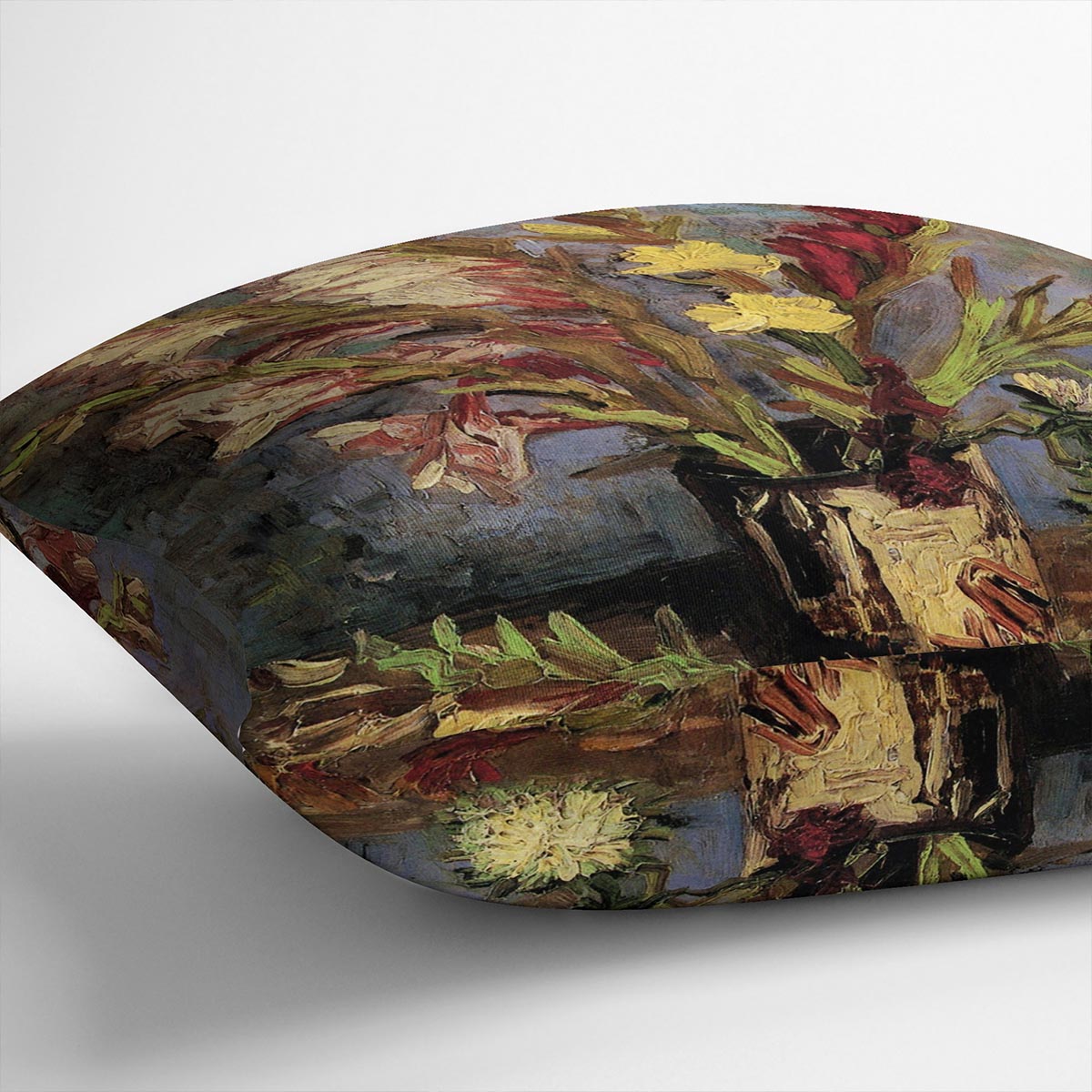 Vase with Gladioli 4 by Van Gogh Cushion featuring vibrant colors and luxurious vegan faux suede material.