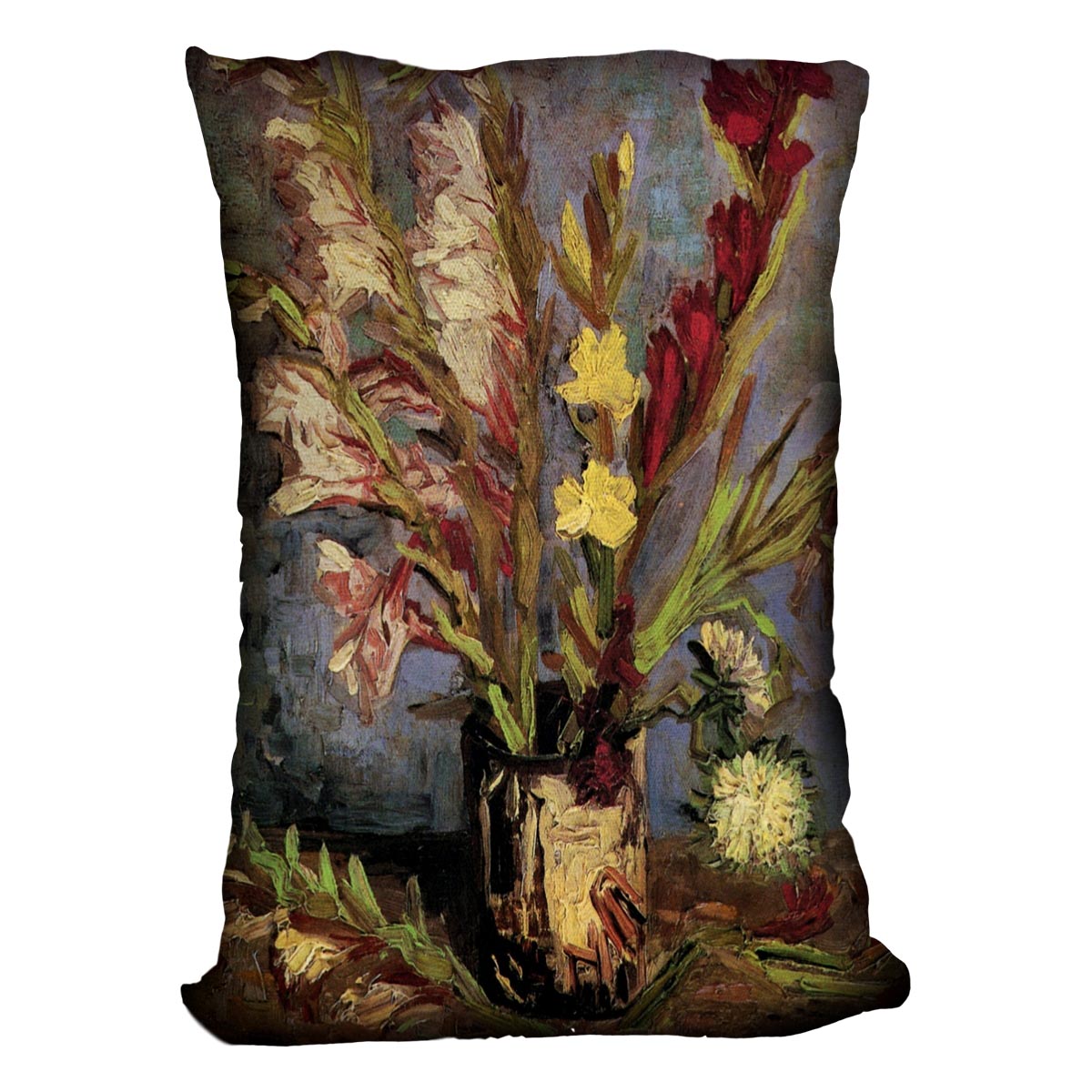 Vase with Gladioli 4 by Van Gogh Cushion featuring vibrant colors and luxurious vegan faux suede material.