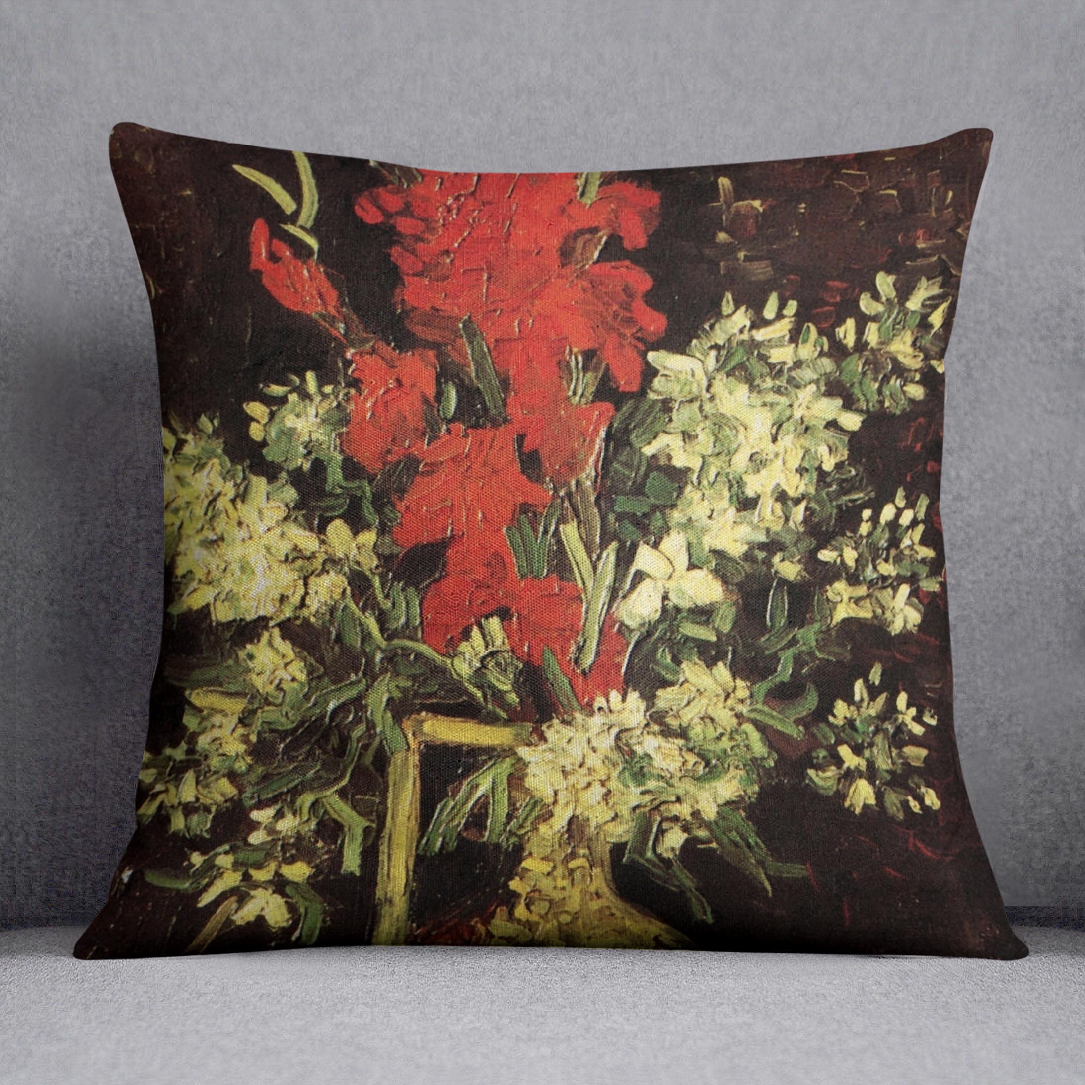 A vibrant cushion featuring Van Gogh's Vase with Gladioli and Carnations design, made from luxurious vegan faux suede.