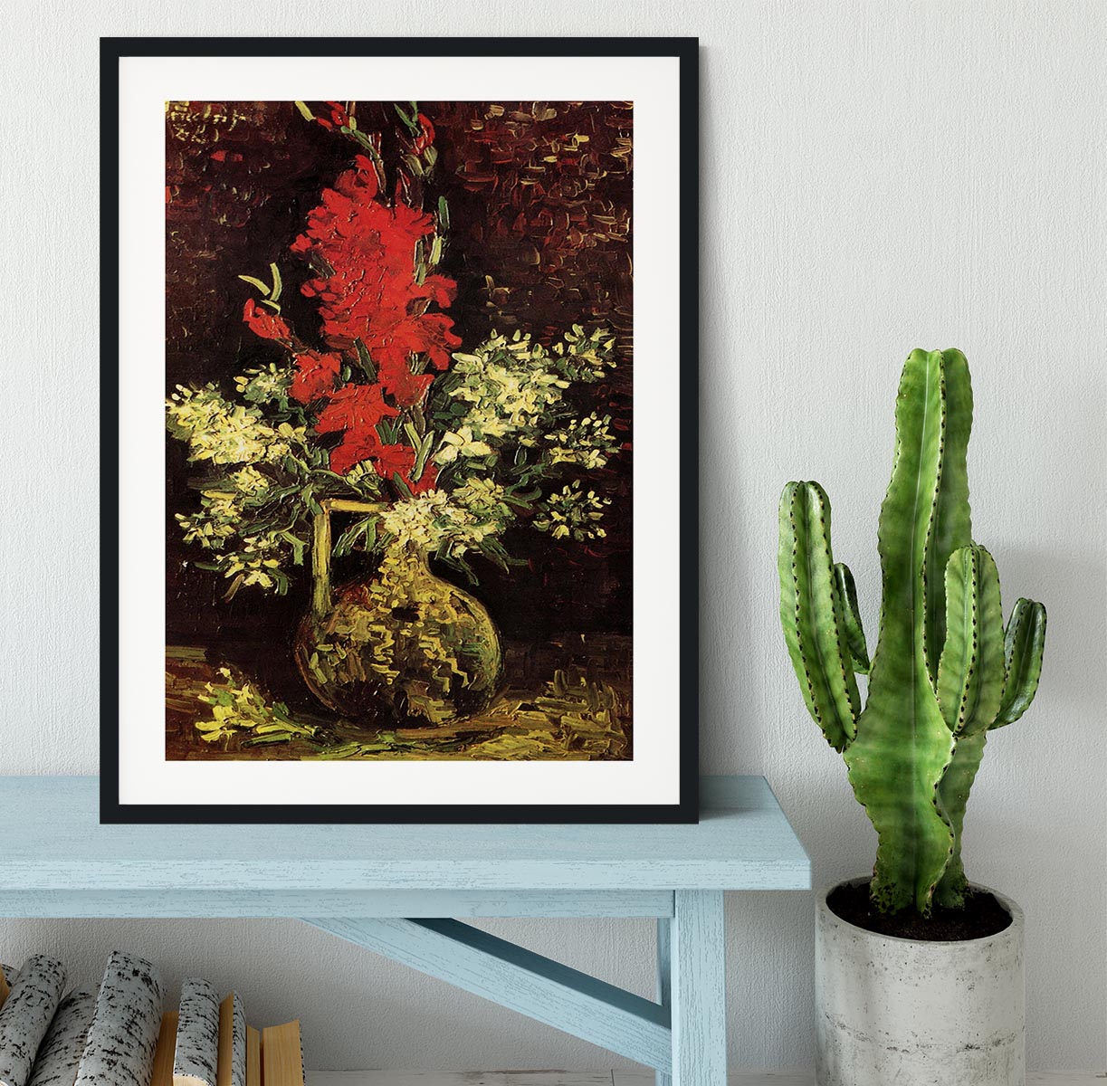 Framed print of Van Gogh's Vase with Gladioli and Carnations, showcasing vibrant colors and intricate details.