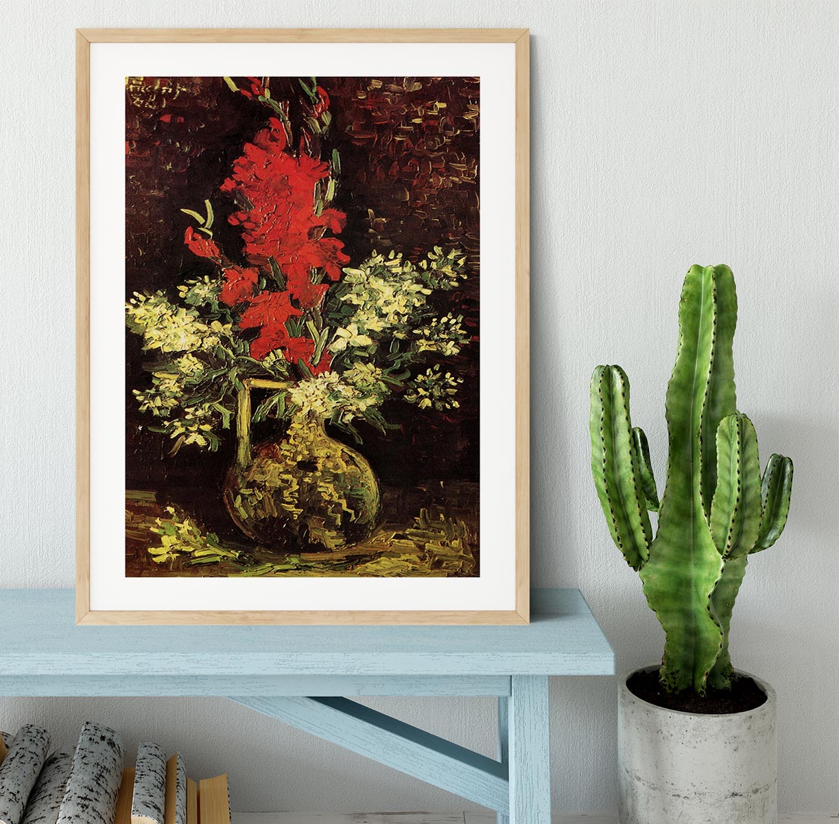 Framed print of Van Gogh's Vase with Gladioli and Carnations, showcasing vibrant colors and intricate details.