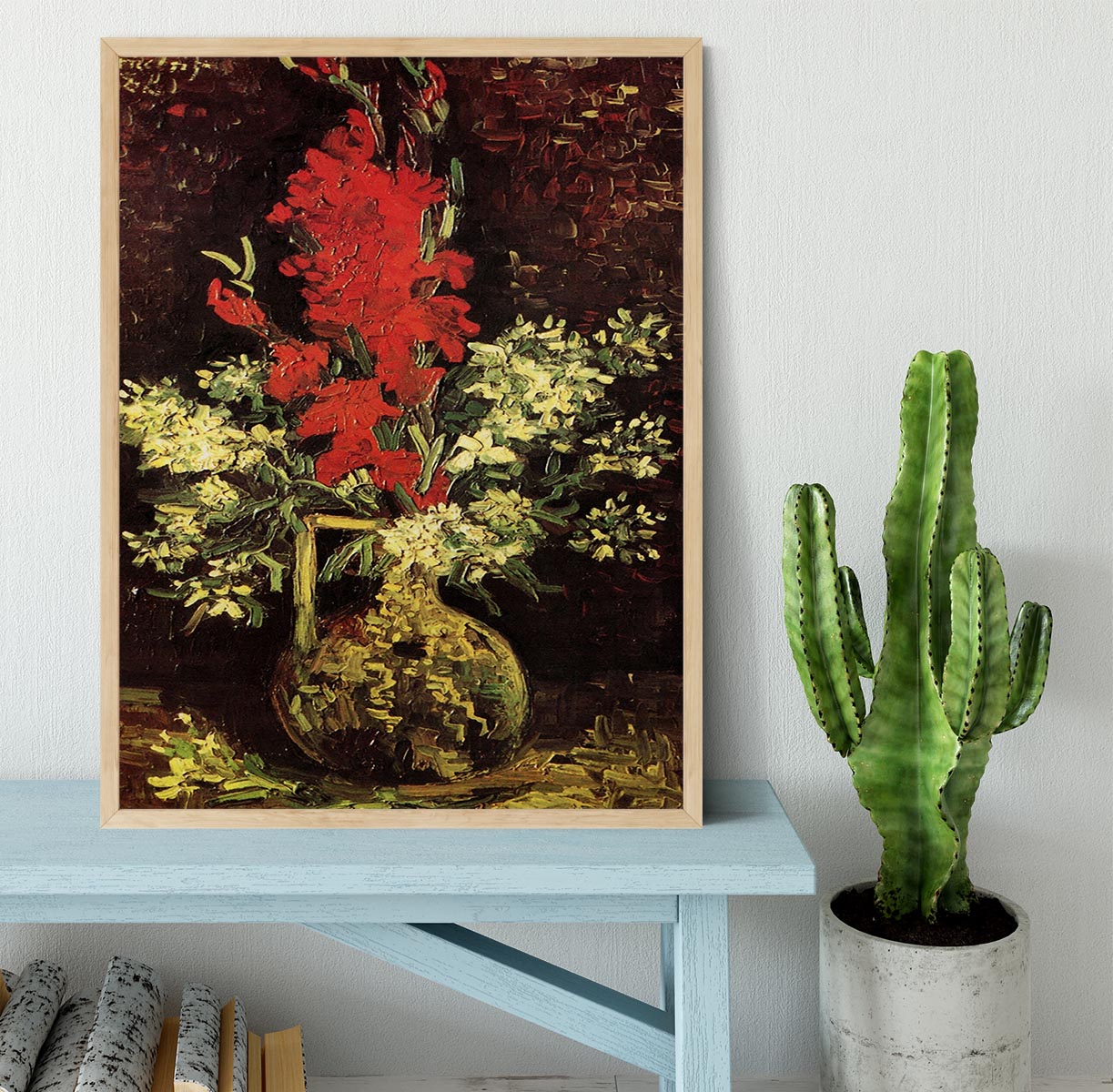 Framed print of Van Gogh's Vase with Gladioli and Carnations, showcasing vibrant colors and intricate details.