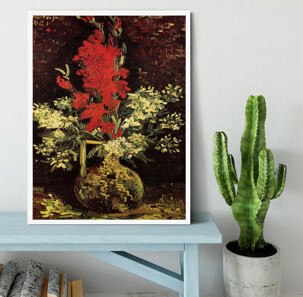 Framed print of Van Gogh's Vase with Gladioli and Carnations, showcasing vibrant colors and intricate details.