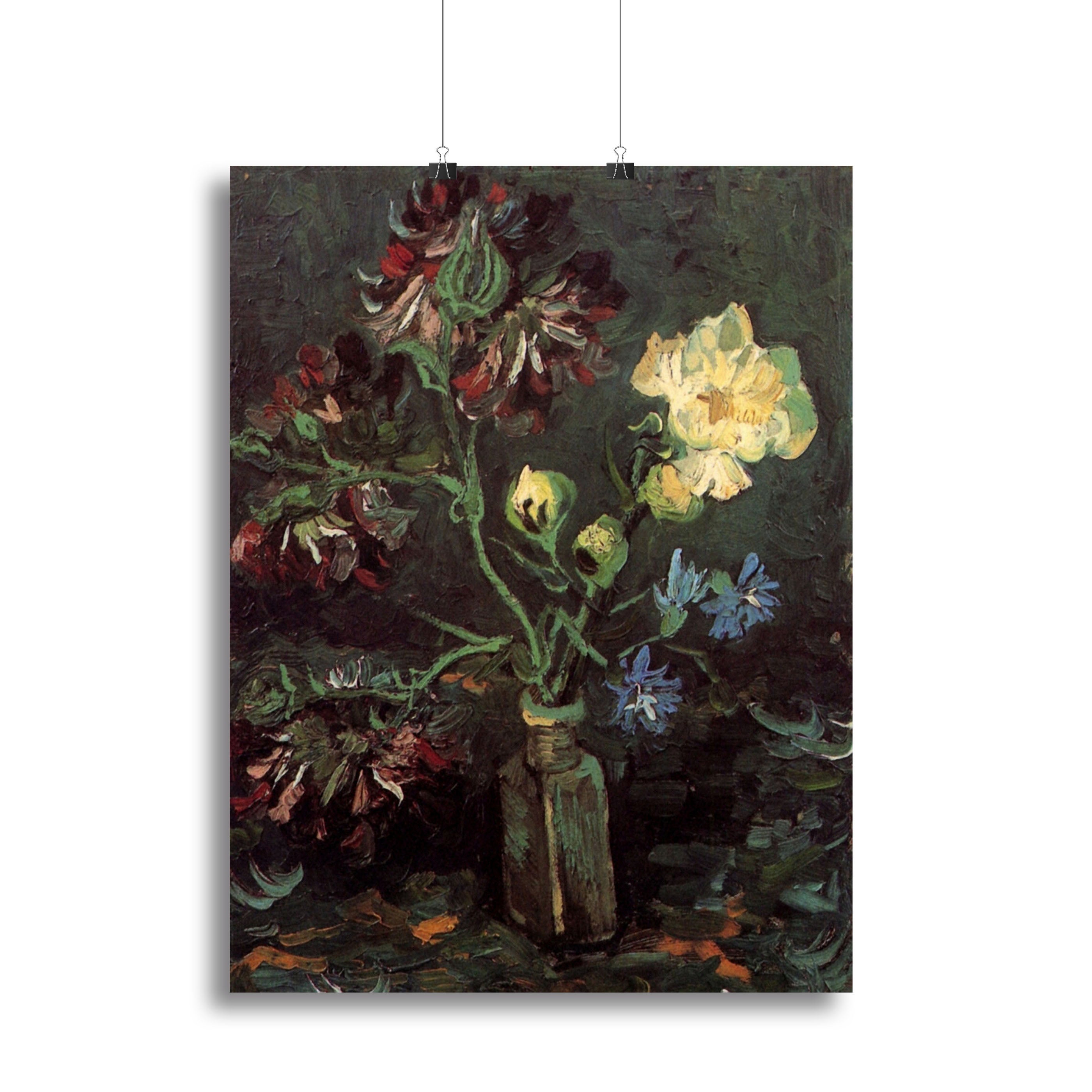 Canvas print of Van Gogh's Vase with Myosotis and Peonies featuring vibrant flowers in a decorative vase.