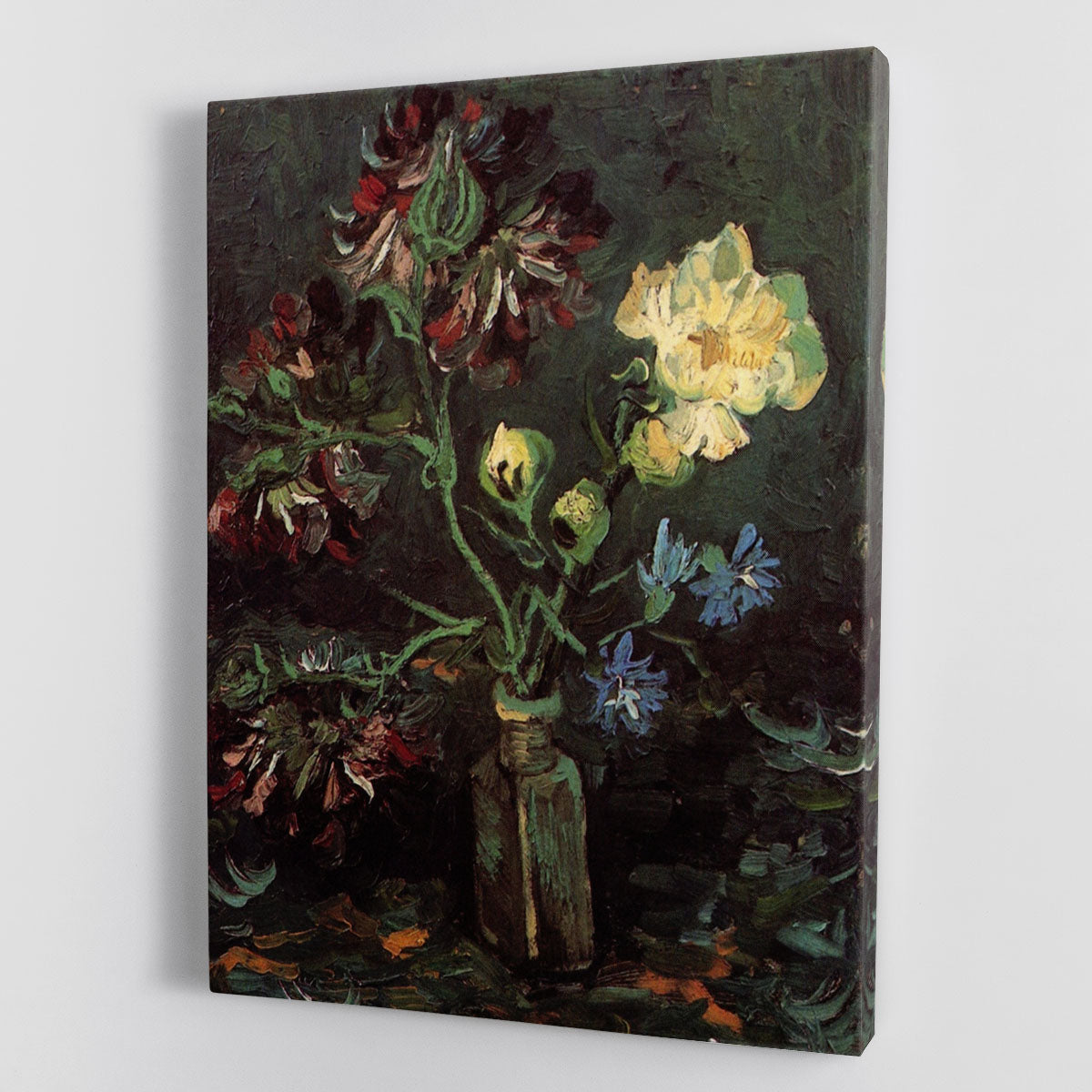 Canvas print of Van Gogh's Vase with Myosotis and Peonies featuring vibrant flowers in a decorative vase.