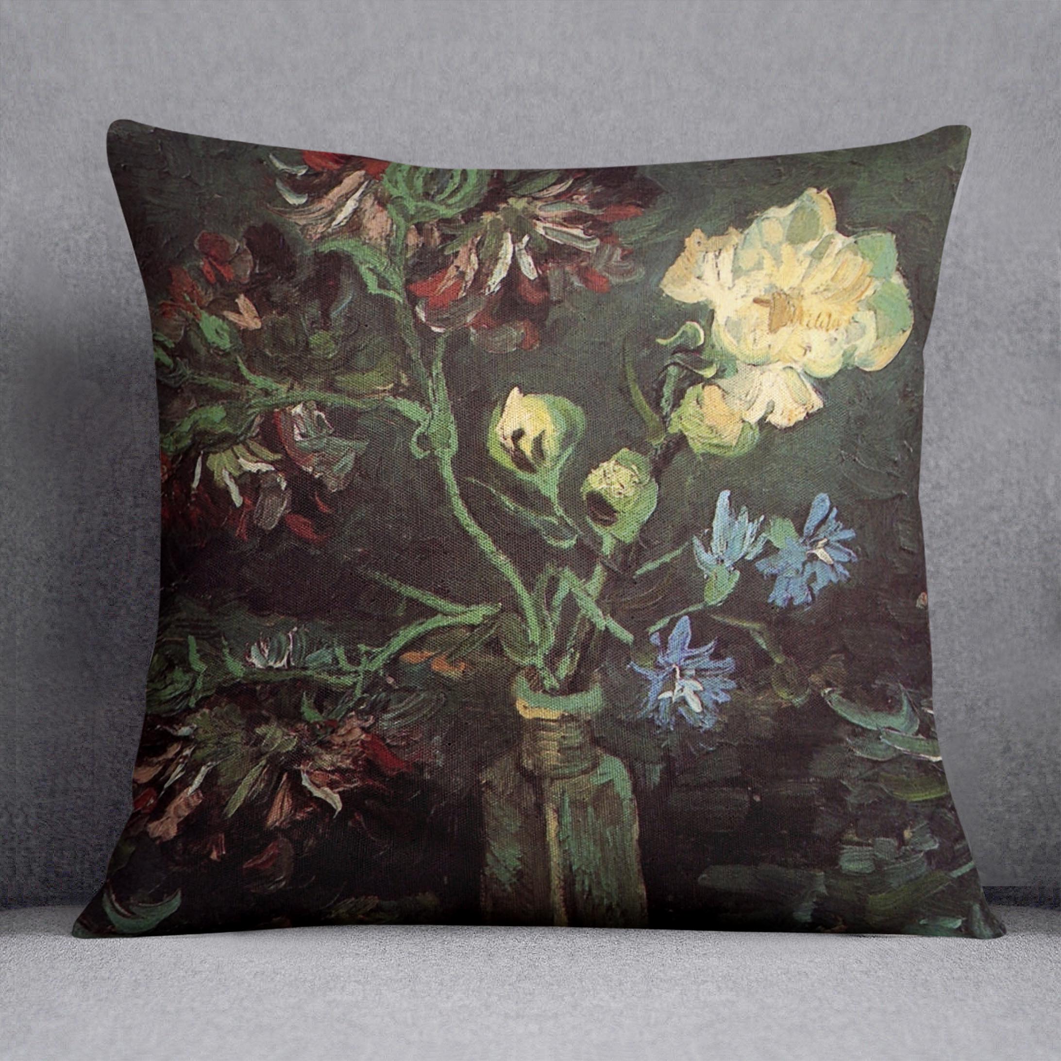 A vibrant cushion featuring Van Gogh's Vase with Myosotis and Peonies design, made from luxurious vegan faux suede.