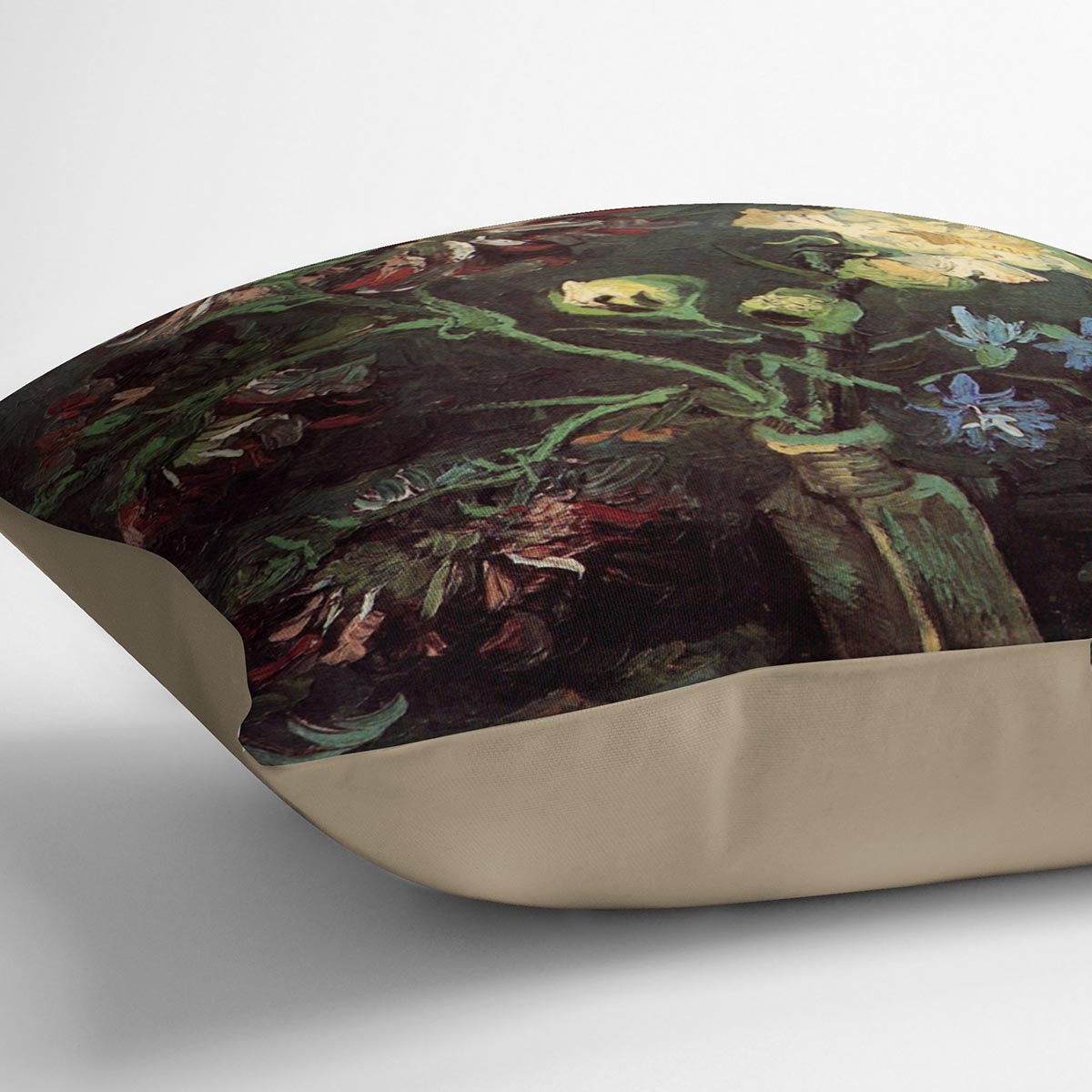 A vibrant cushion featuring Van Gogh's Vase with Myosotis and Peonies design, made from luxurious vegan faux suede.
