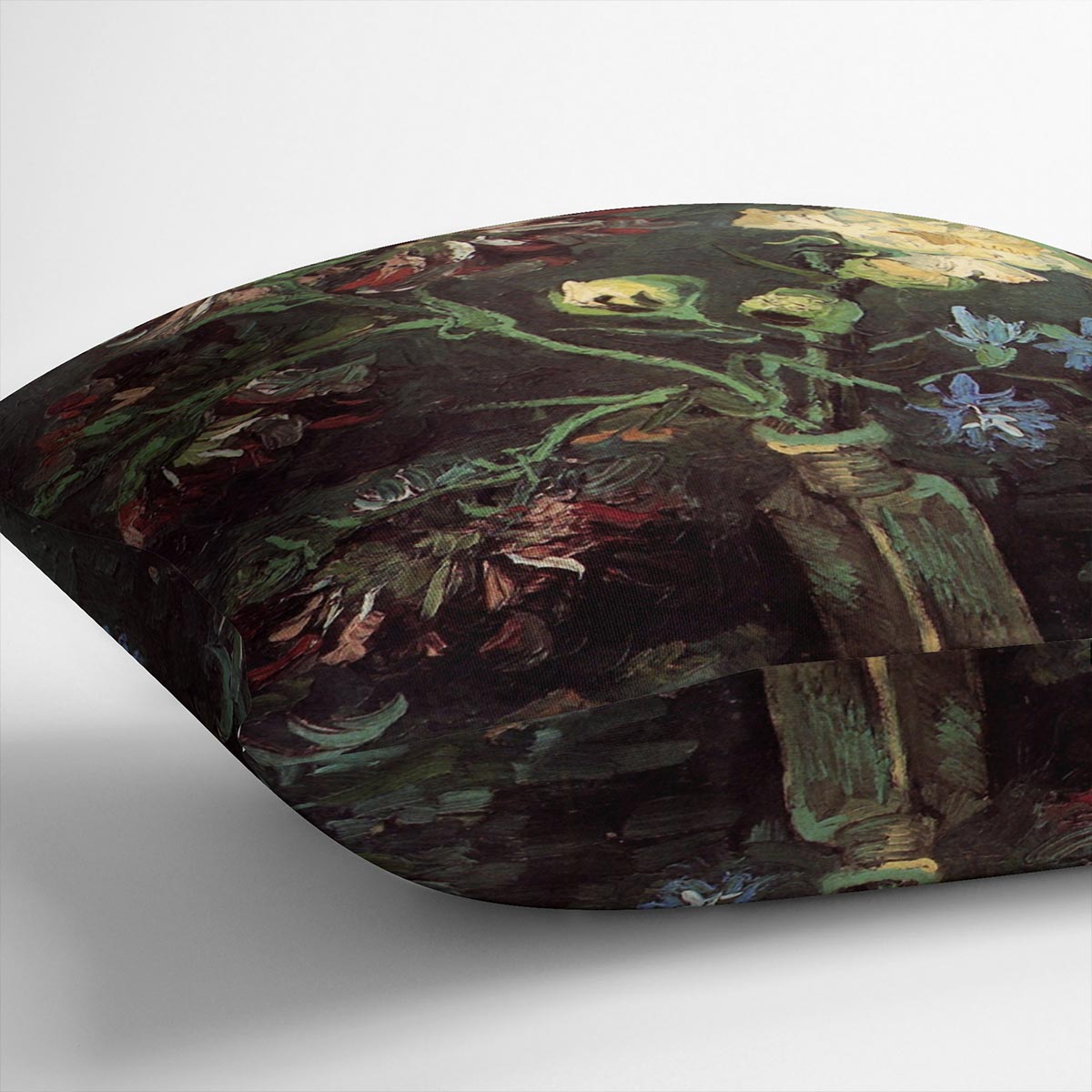 A vibrant cushion featuring Van Gogh's Vase with Myosotis and Peonies design, made from luxurious vegan faux suede.