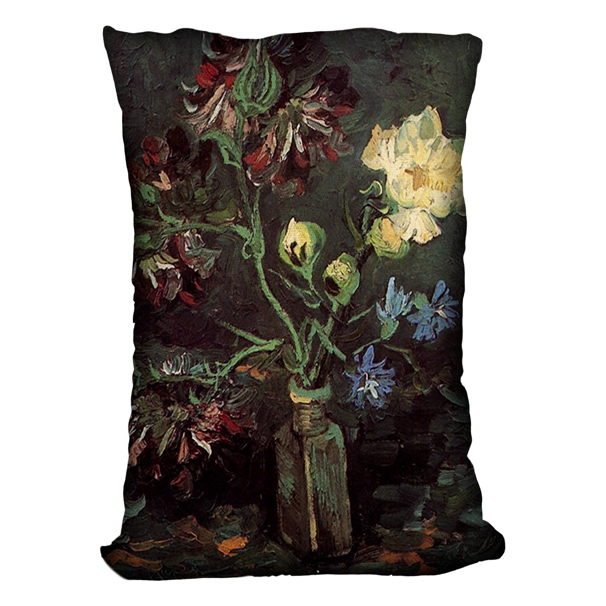 A vibrant cushion featuring Van Gogh's Vase with Myosotis and Peonies design, made from luxurious vegan faux suede.