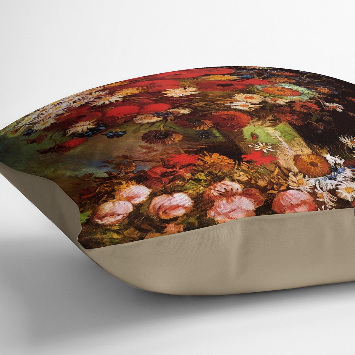 A beautifully designed vase featuring vibrant poppies, cornflowers, peonies, and chrysanthemums inspired by Van Gogh's artwork.