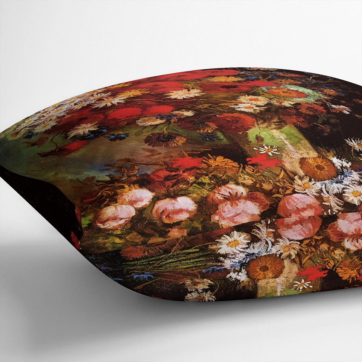 A beautifully designed vase featuring vibrant poppies, cornflowers, peonies, and chrysanthemums inspired by Van Gogh's artwork.