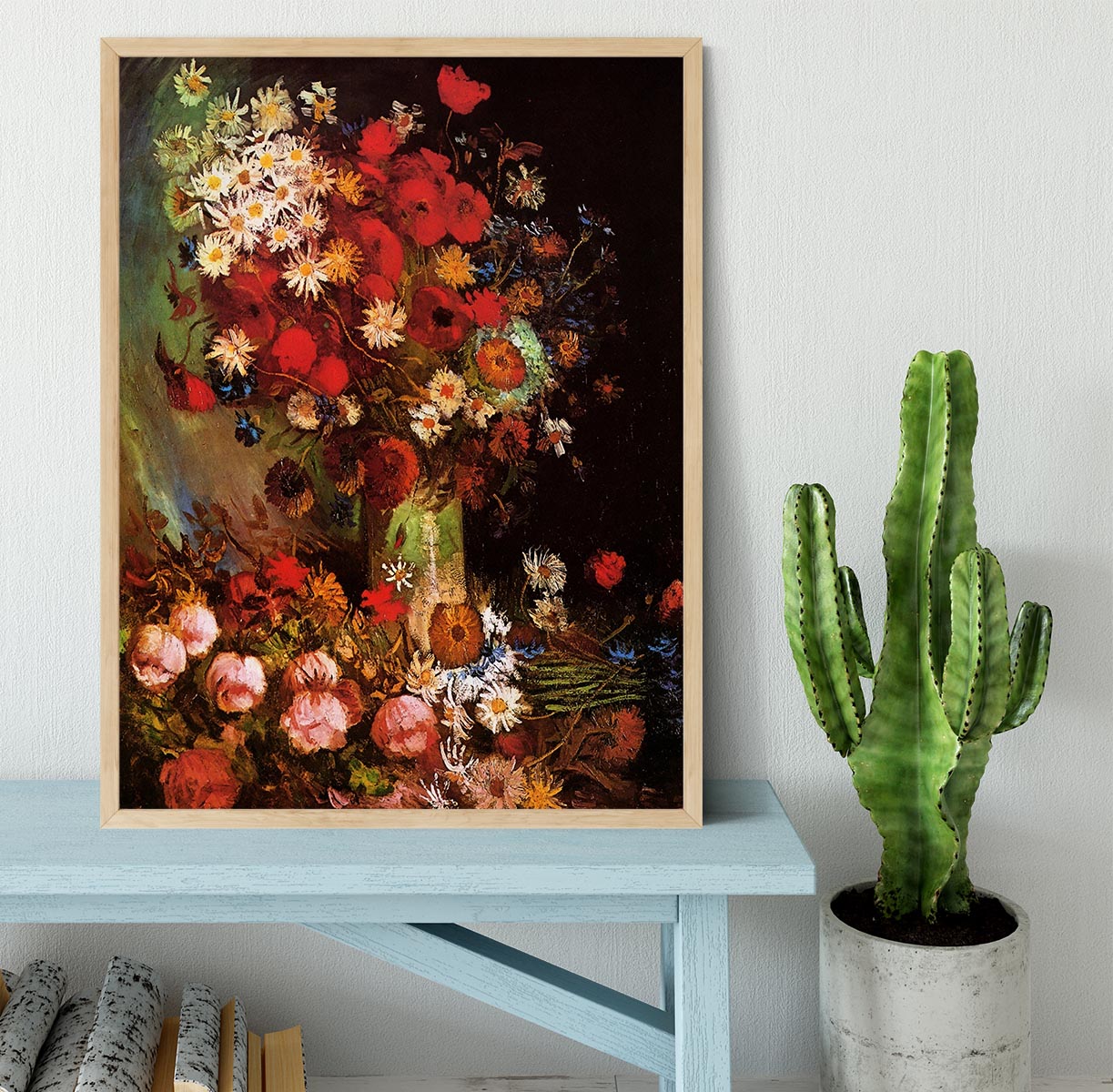 Framed reproduction of Van Gogh's Vase with Poppies, Cornflowers, Peonies, and Chrysanthemums, showcasing vibrant colors and intricate details.