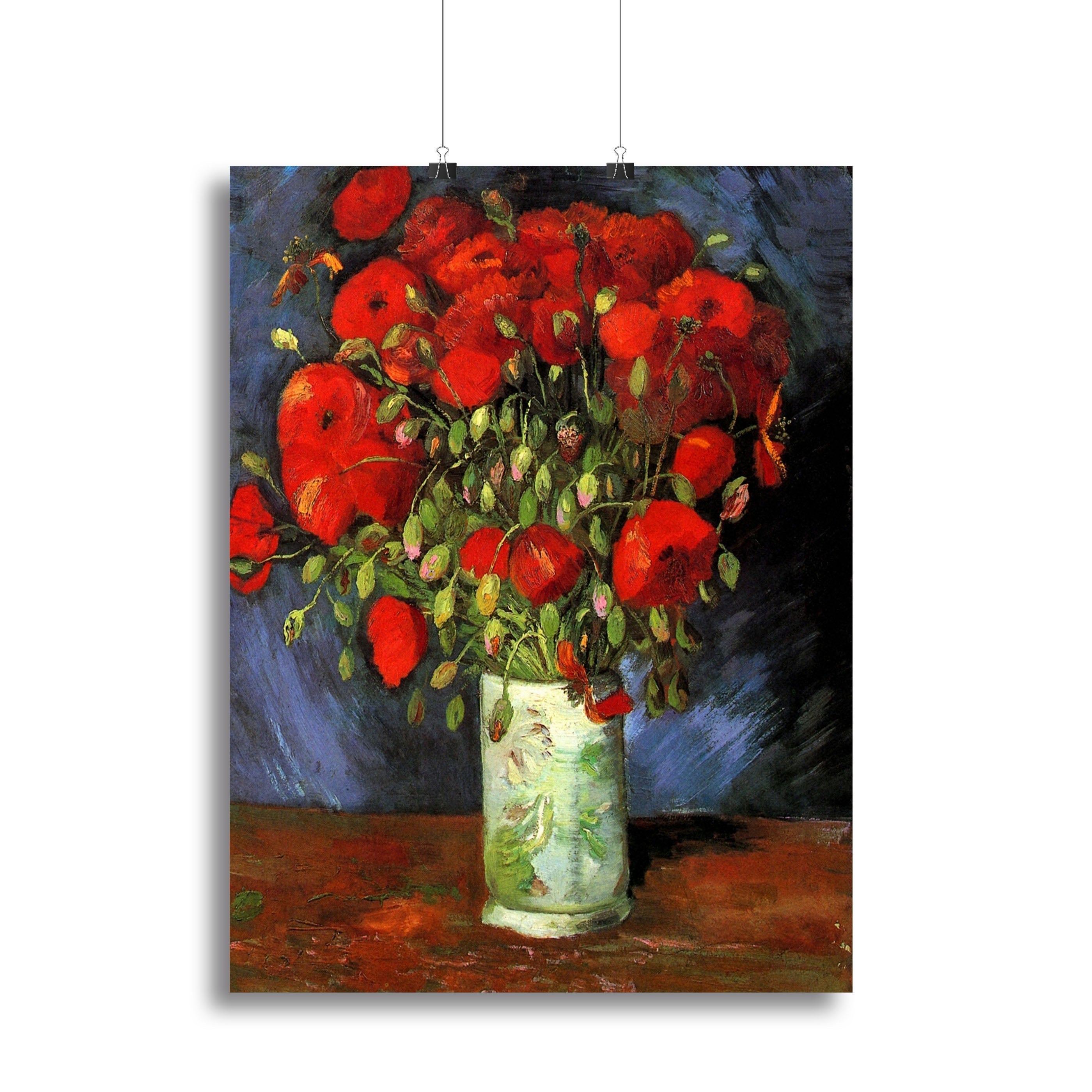 Canvas print of Van Gogh's Vase with Red Poppies, showcasing vibrant red flowers in a decorative vase.