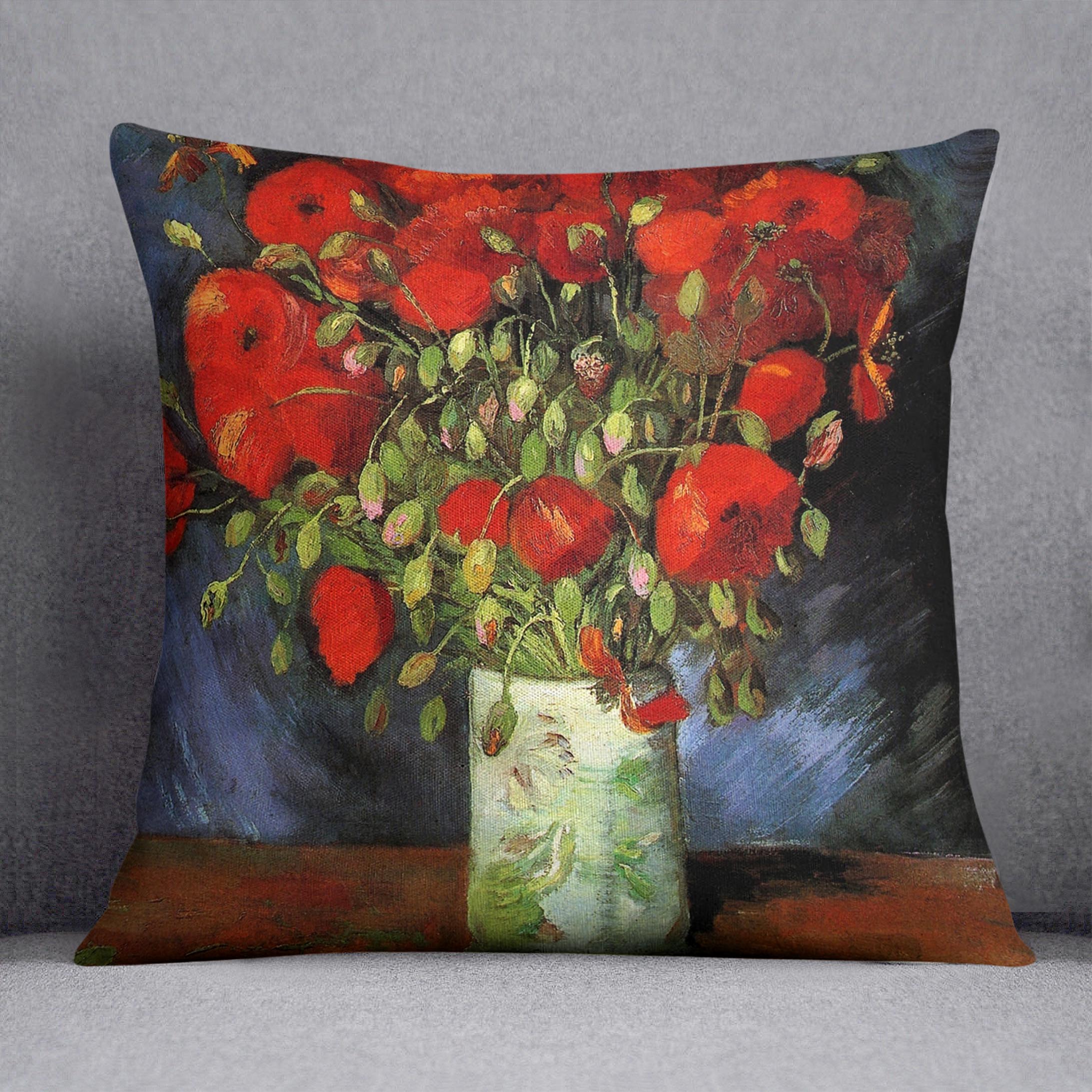 A vibrant cushion featuring Van Gogh's Red Poppies artwork, made from luxurious vegan faux suede, showcasing rich colors and intricate details.