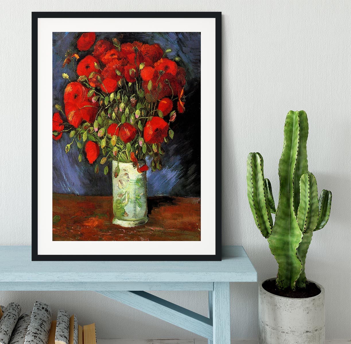 Framed print of Van Gogh's Vase with Red Poppies, showcasing vibrant colors and intricate details.