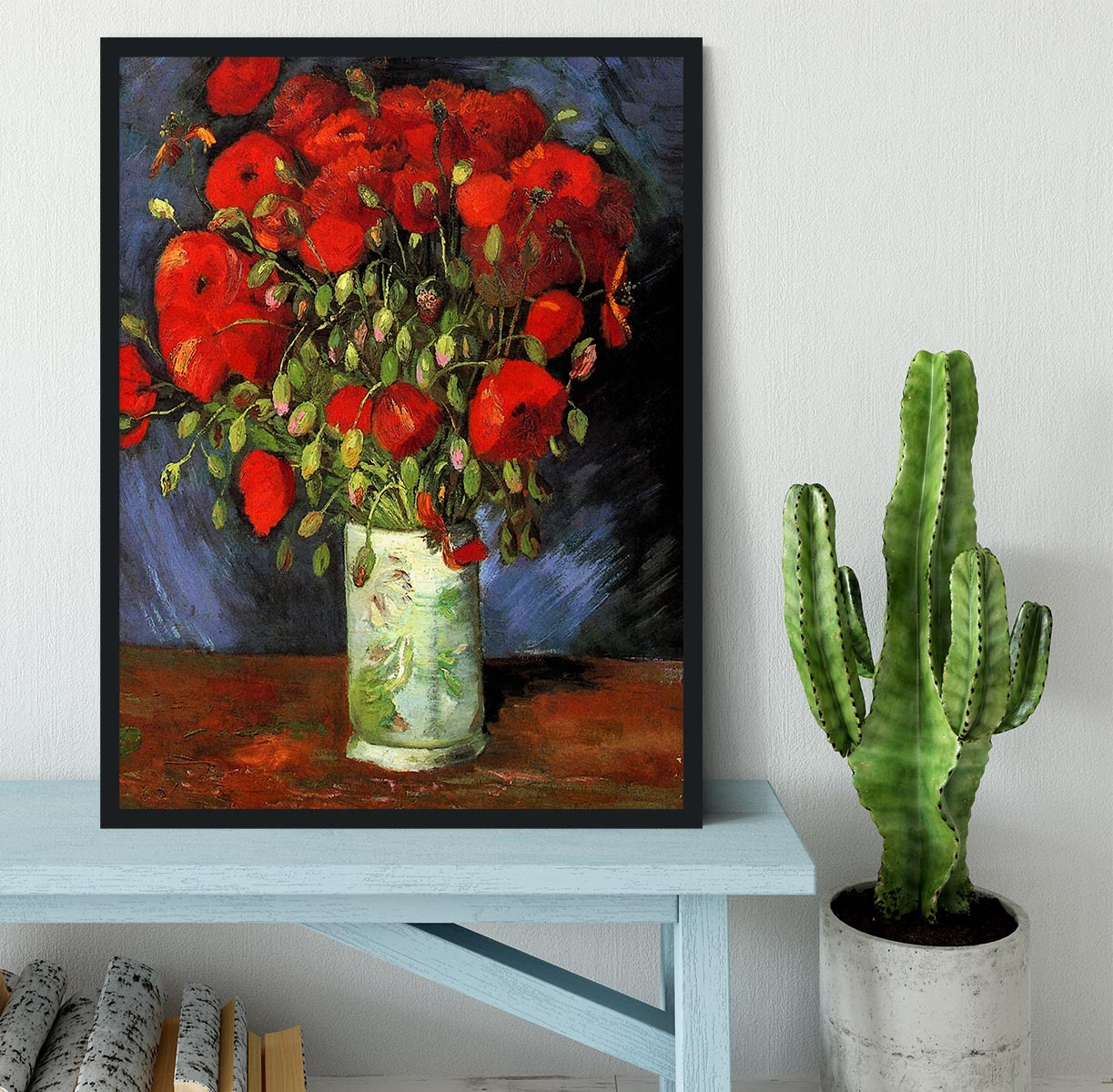 Framed print of Van Gogh's Vase with Red Poppies, showcasing vibrant colors and intricate details.