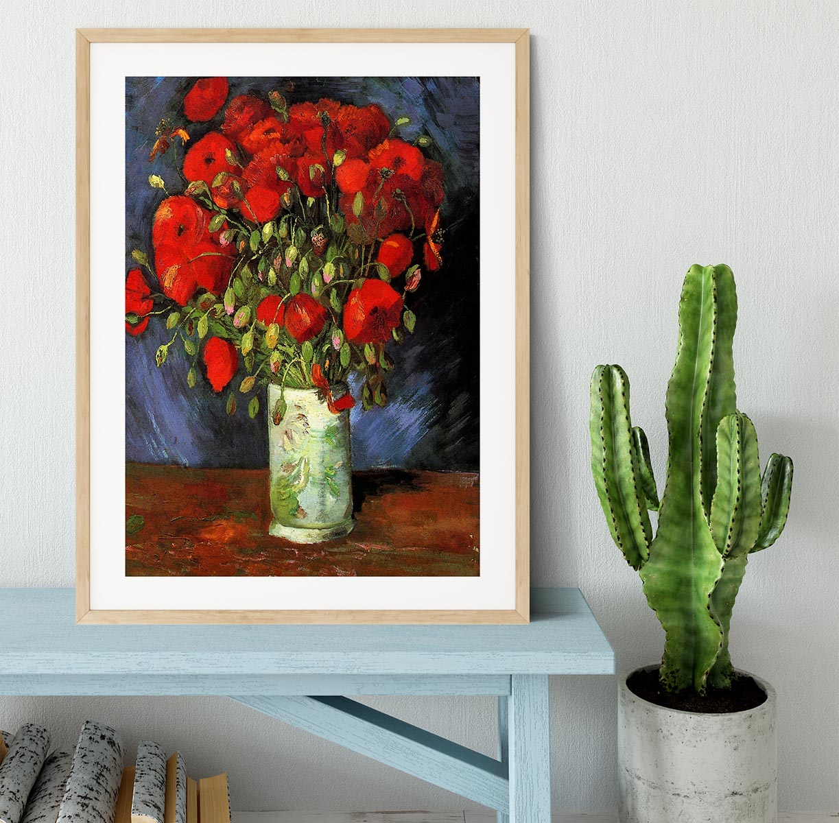 Framed print of Van Gogh's Vase with Red Poppies, showcasing vibrant colors and intricate details.
