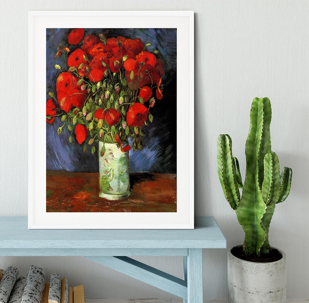 Framed print of Van Gogh's Vase with Red Poppies, showcasing vibrant colors and intricate details.