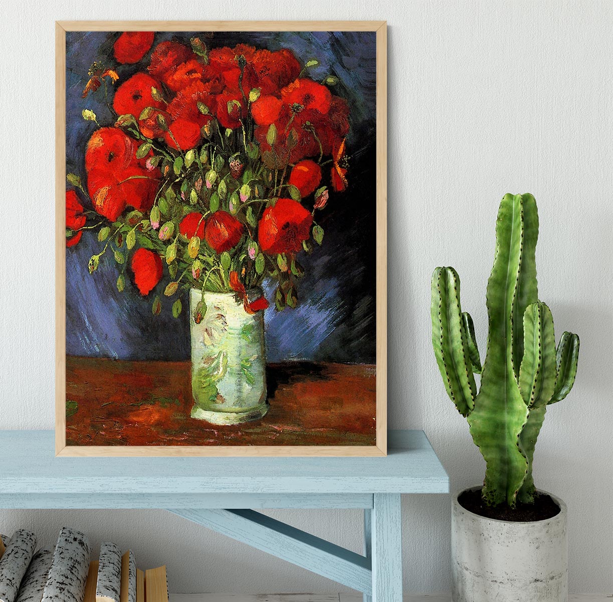 Framed print of Van Gogh's Vase with Red Poppies, showcasing vibrant colors and intricate details.