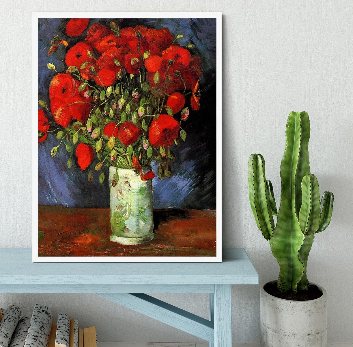 Framed print of Van Gogh's Vase with Red Poppies, showcasing vibrant colors and intricate details.