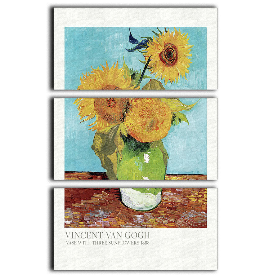 A beautiful 3-panel canvas print featuring three vibrant sunflowers, perfect for home decor.