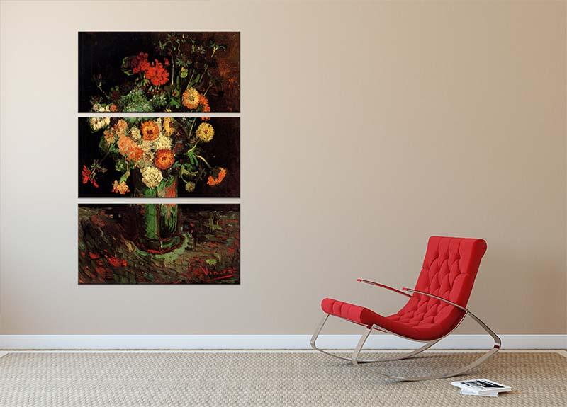 Three-panel canvas print featuring Van Gogh's Vase with Zinnias and Geraniums, showcasing vibrant flowers and intricate details.