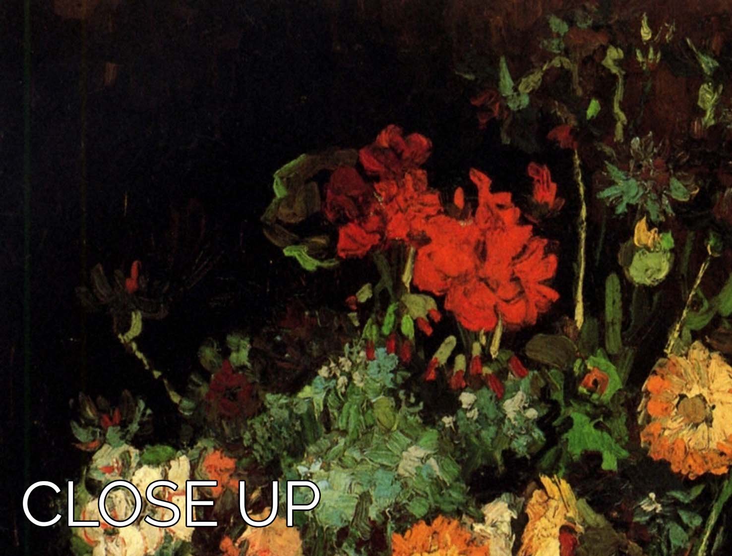 Three-panel canvas print featuring Van Gogh's Vase with Zinnias and Geraniums, showcasing vibrant flowers and intricate details.