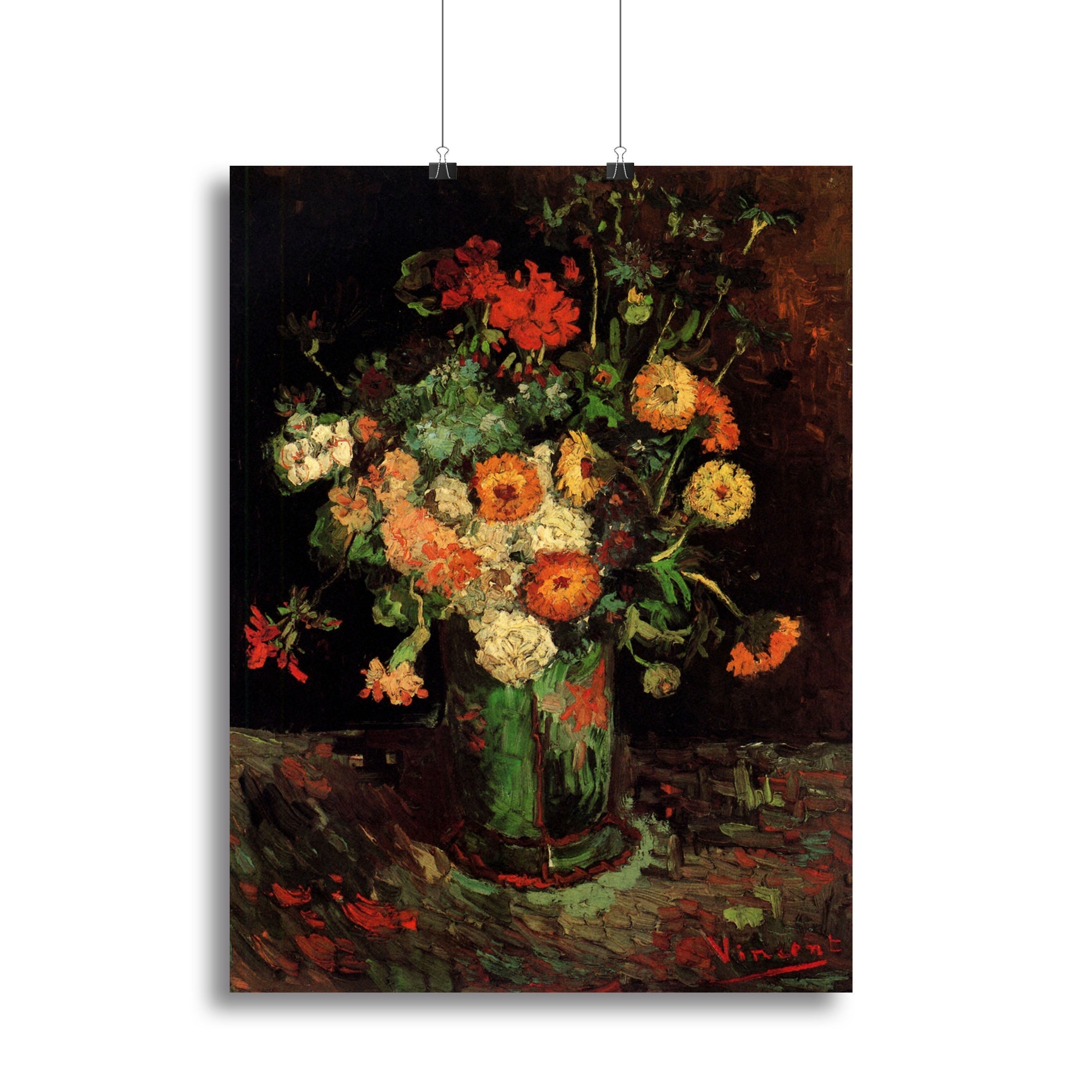 Canvas print of Van Gogh's Vase with Zinnias and Geraniums featuring vibrant flowers in a decorative vase.